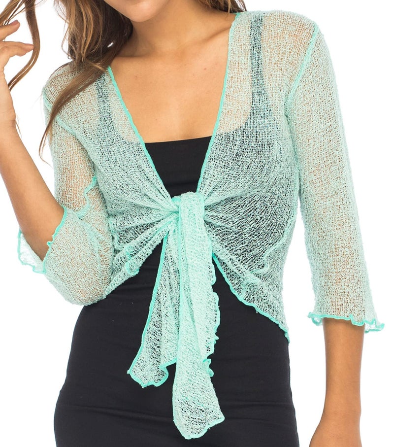 Back From Bali Womens Lightweight Knit Cardigan Shrug Lite Sheer Grey Blue - Image 1